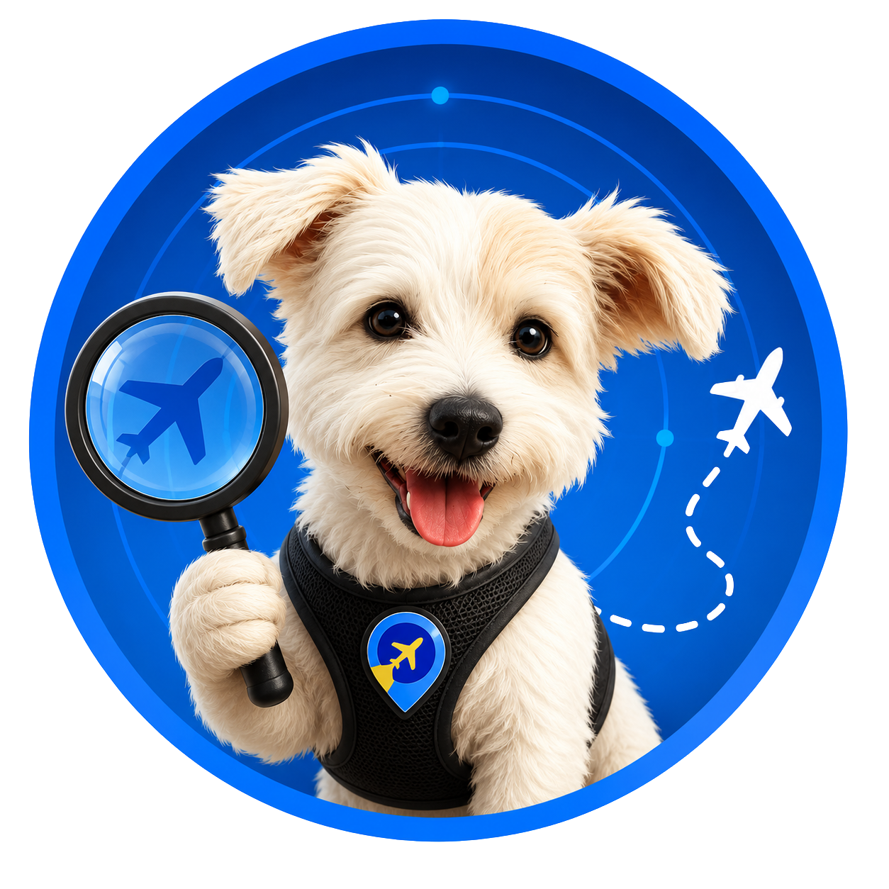 Mascote Farejador voaBarato — cão de faro monitorando passagens aéreas baratas